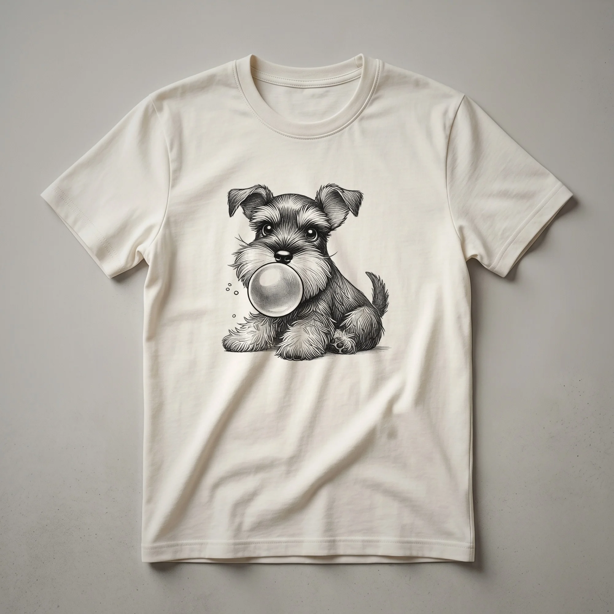 White t-shirt featuring a graphic of a Miniature Schnauzer dog with a large pink bubble gum bubble coming from its mouth, cartoon style.