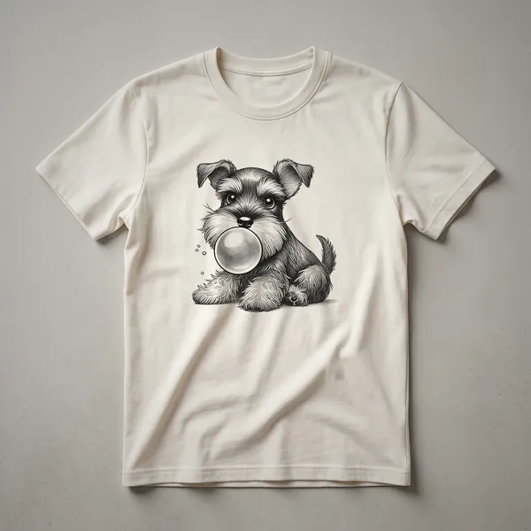 White t-shirt featuring a graphic of a Miniature Schnauzer dog with a large pink bubble gum bubble coming from its mouth, cartoon style.