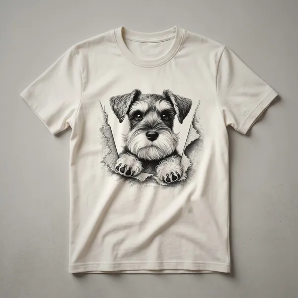 White graphic t-shirt featuring a black and white line-art illustration of a Miniature Schnauzer peeking from the bottom edge.
