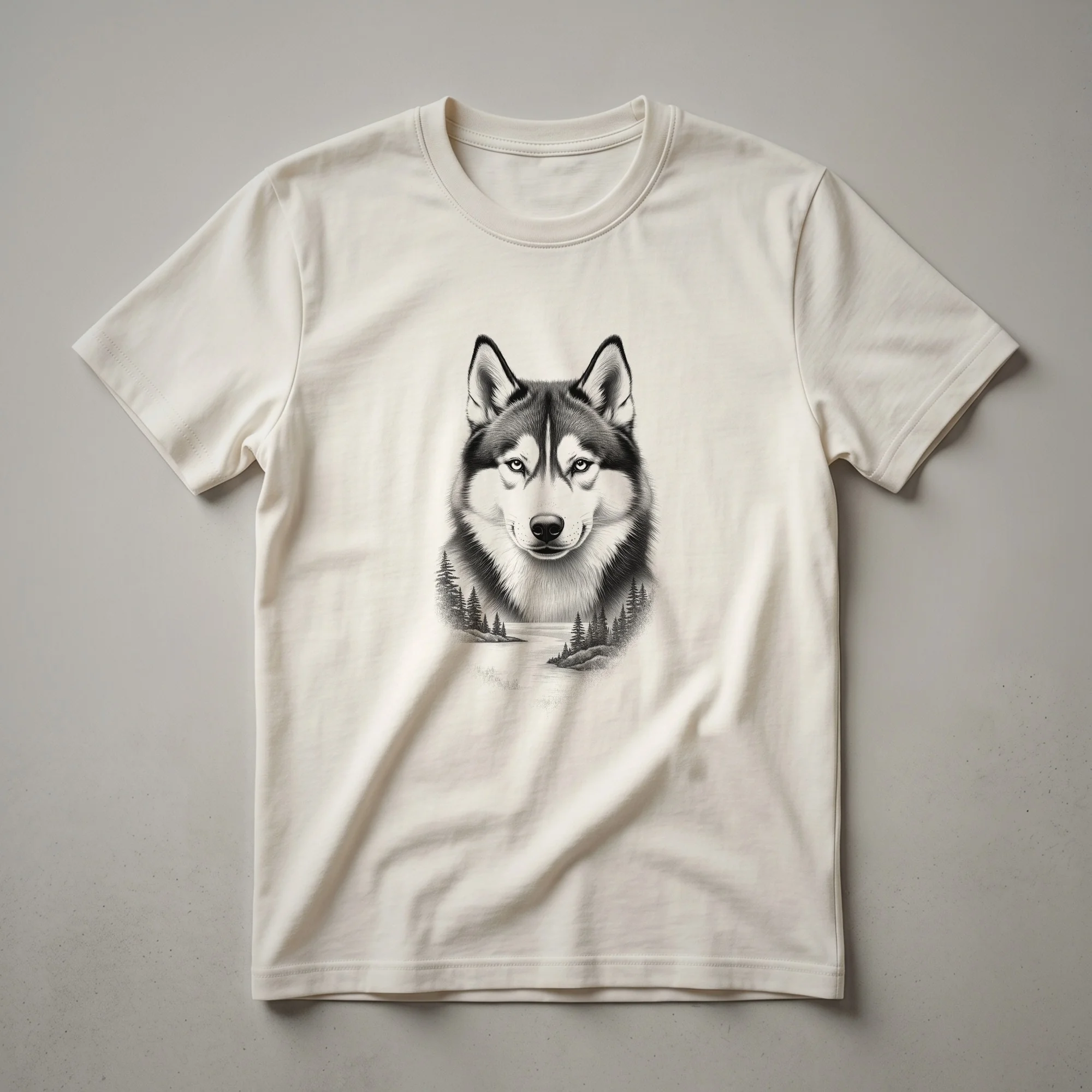 Black t-shirt featuring a graphic of a Siberian Husky's head in profile with a stylized natural background, designed for dog lovers.