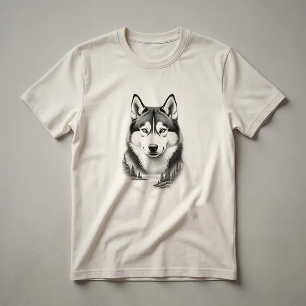Black t-shirt featuring a graphic of a Siberian Husky's head in profile with a stylized natural background, designed for dog lovers.