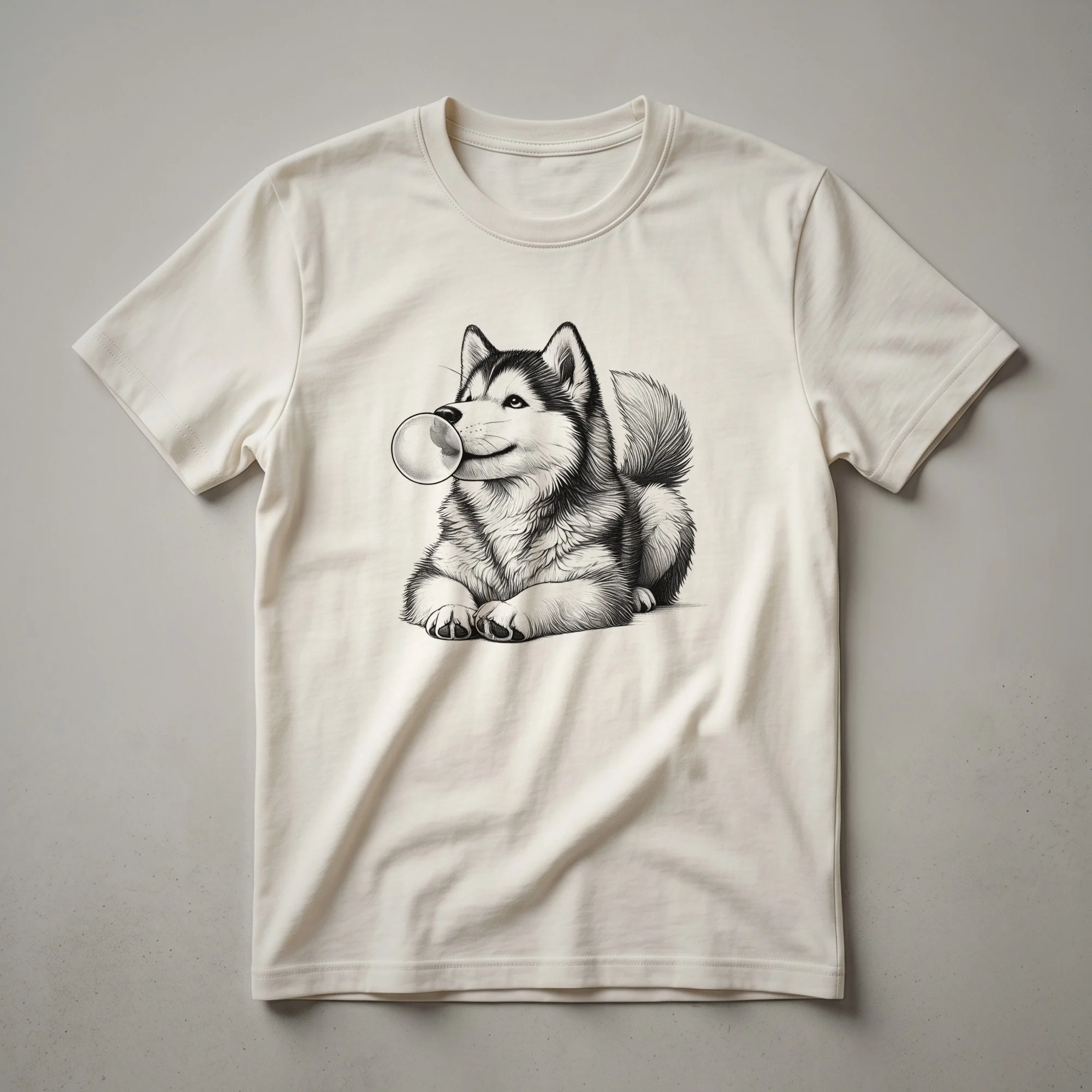 White and grey Siberian Husky dog graphic on a black t-shirt, depicted chewing a pink bubble gum wad.
