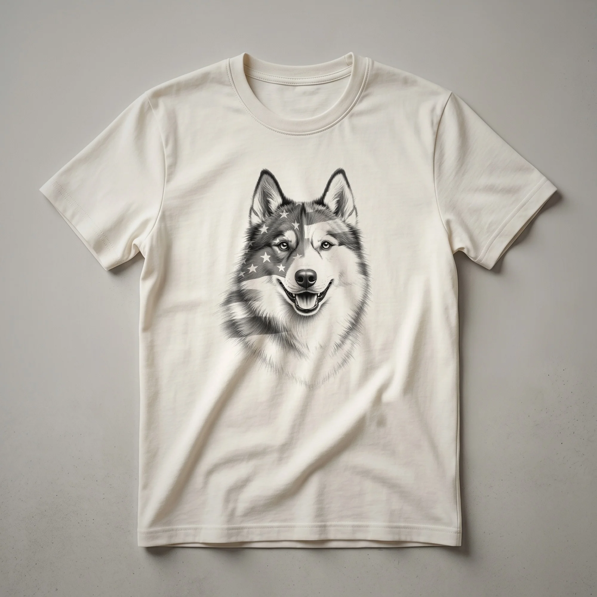White t-shirt featuring a graphic of a Siberian Husky wearing sunglasses with an American flag design, set against a plain background.