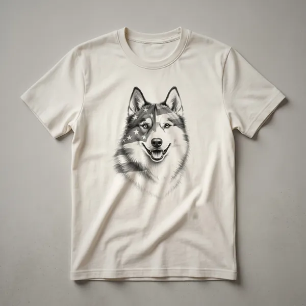 White t-shirt featuring a graphic of a Siberian Husky wearing sunglasses with an American flag design, set against a plain background.