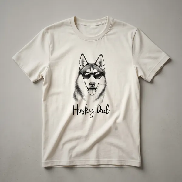 Black t-shirt featuring a graphic of a Siberian Husky dog wearing cool sunglasses, looking forward.