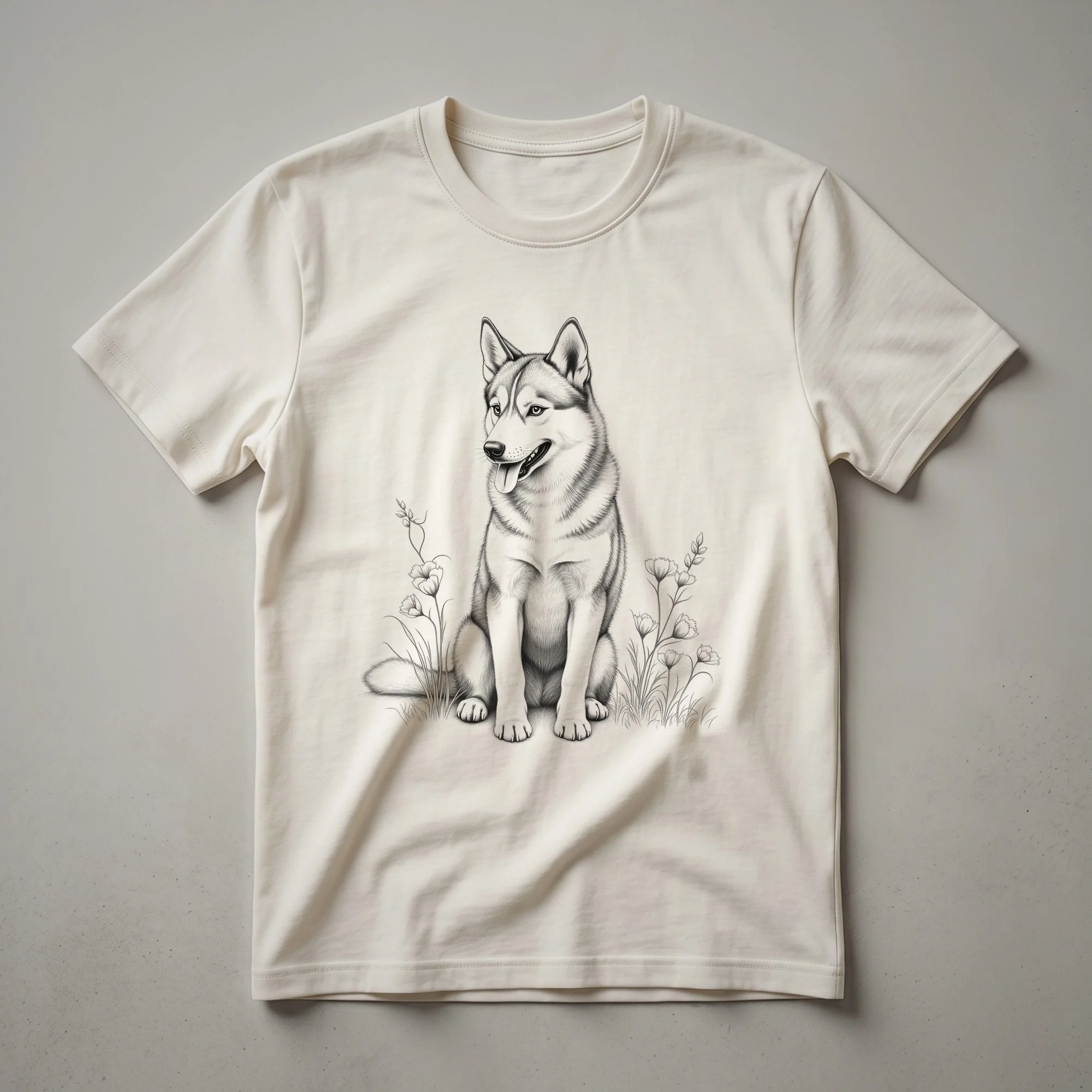 A white and grey Siberian Husky graphic t-shirt with a distressed vintage illustration of the dog's head.