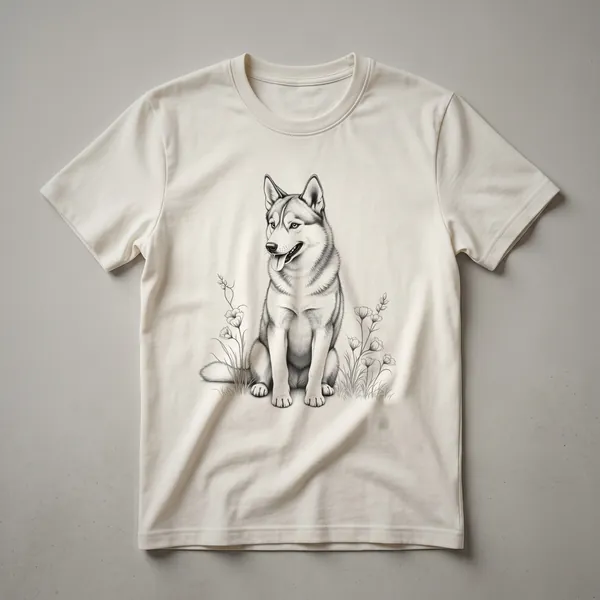 A white and grey Siberian Husky graphic t-shirt with a distressed vintage illustration of the dog's head.
