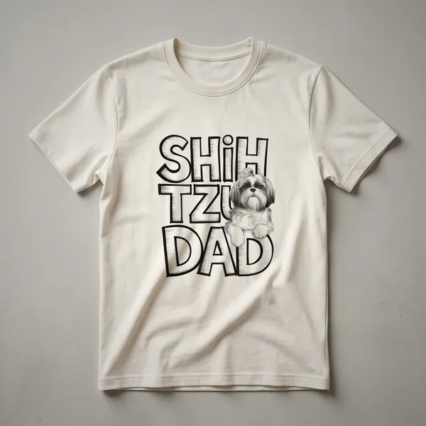Black t-shirt with a graphic design of a Shih Tzu dog surrounded by colorful flowers, with the text 'Shih Tzu Dad' above.