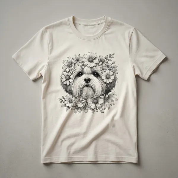 White t-shirt featuring a watercolor graphic of a Shih Tzu dog's face adorned with colorful flowers, designed for dog moms.