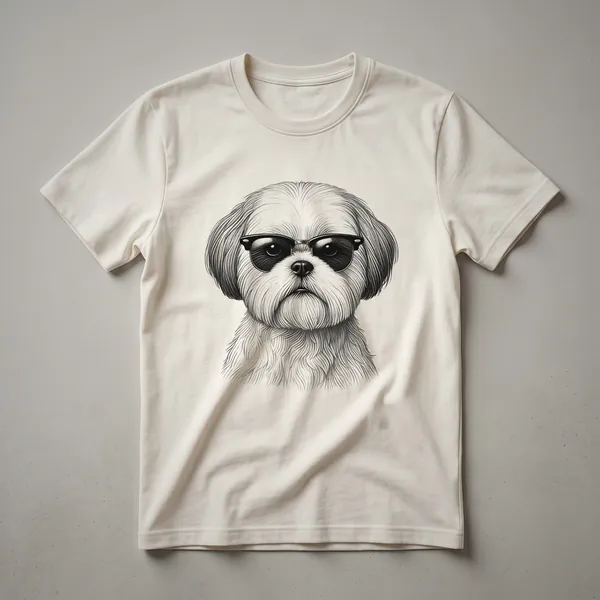 White t-shirt featuring a graphic of a Shih Tzu dog wearing black sunglasses, with a subtle patriotic-themed background element.