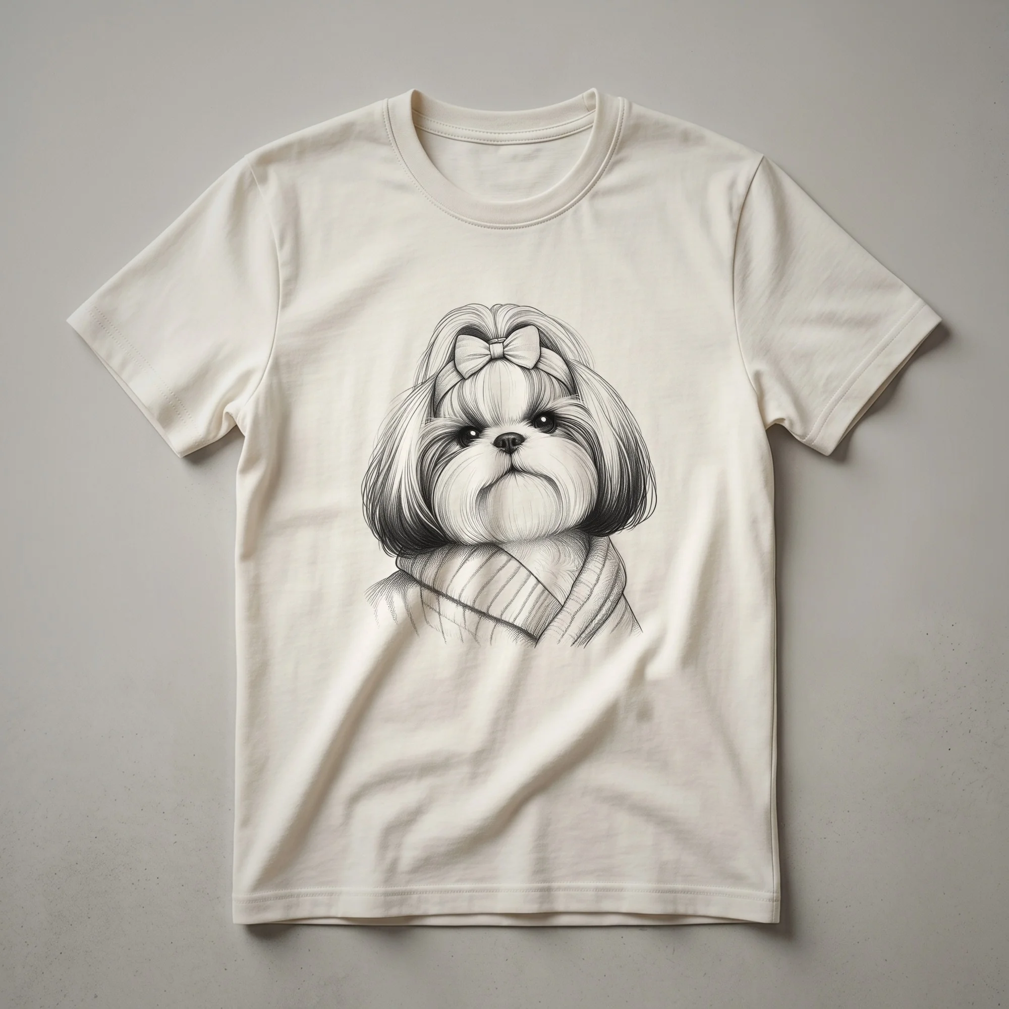 White graphic t-shirt featuring a Shih Tzu dog's face adorned with a colorful floral crown, designed for dog moms.