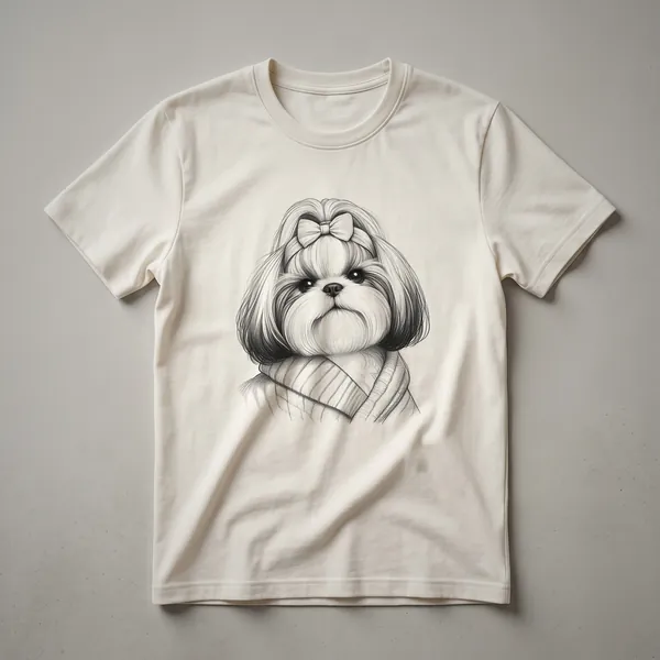 White graphic t-shirt featuring a Shih Tzu dog's face adorned with a colorful floral crown, designed for dog moms.