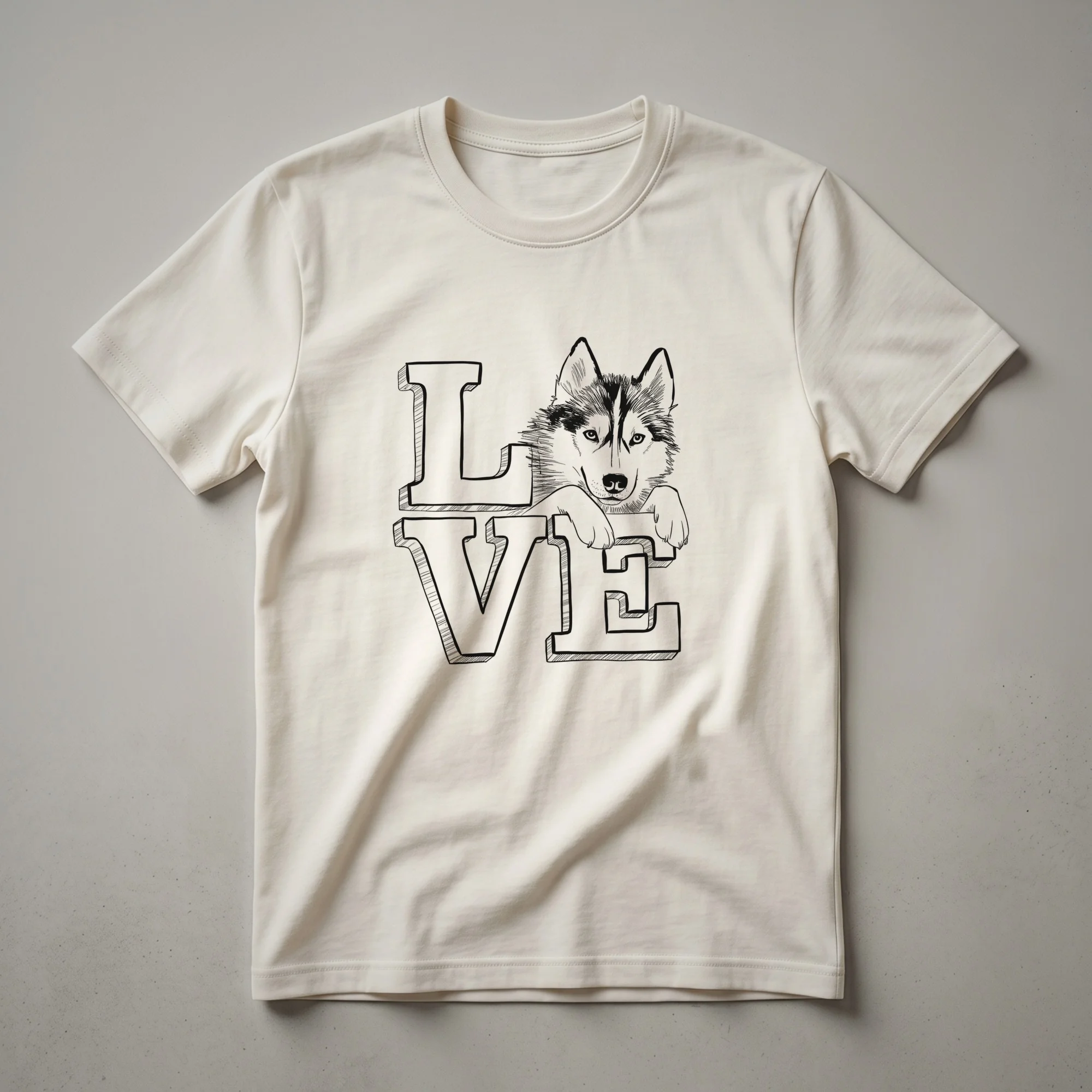 White graphic t-shirt featuring a stylized Siberian Husky head with a red heart symbol integrated into the design, suitable for men and women.