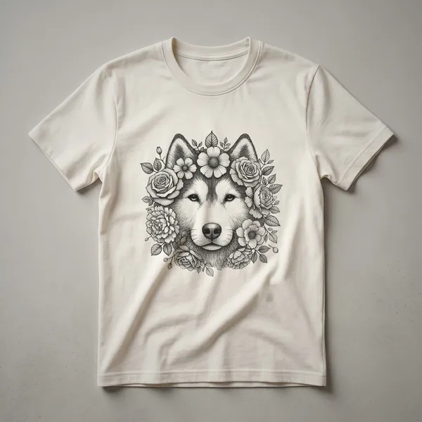 A white and grey Siberian Husky graphic t-shirt with a floral design around the head, featuring pink, yellow, and purple flowers.