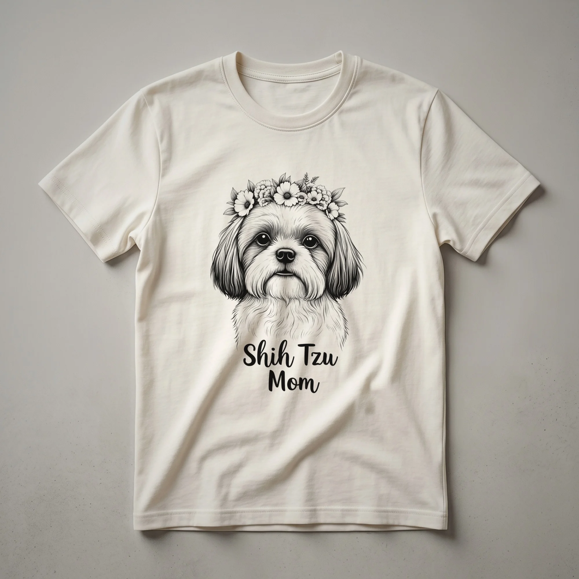 White t-shirt featuring a graphic of a Shih Tzu dog's face with a colorful floral arrangement around it.