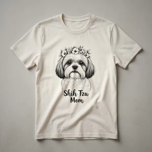 White t-shirt featuring a graphic of a Shih Tzu dog's face with a colorful floral arrangement around it.