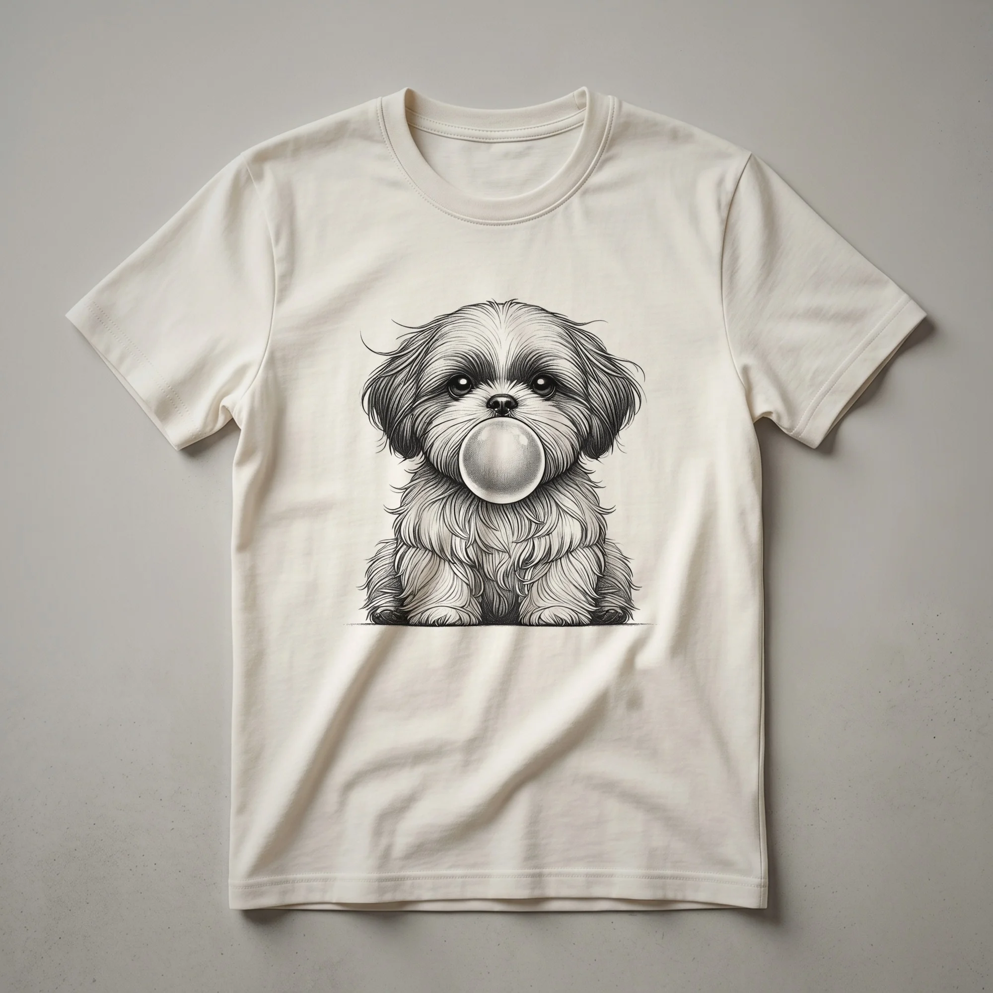 White graphic t-shirt featuring a cartoon Shih Tzu dog with long fur blowing a large pink bubble gum bubble.