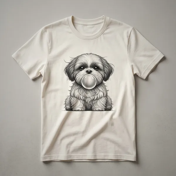 White graphic t-shirt featuring a cartoon Shih Tzu dog with long fur blowing a large pink bubble gum bubble.