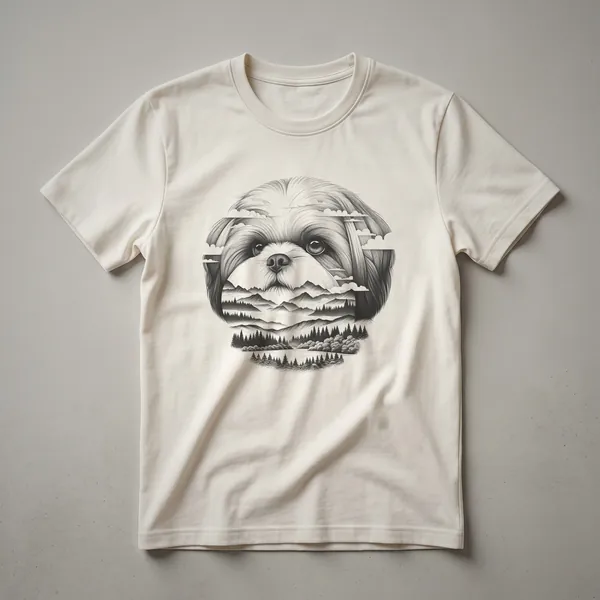 White t-shirt featuring a Shih Tzu dog portrait with floral accents and a sunset in the background, designed for dog lovers.