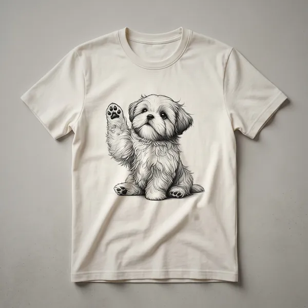 White graphic t-shirt featuring a black and white illustration of a Shih Tzu dog raising its paw with a red heart symbol.