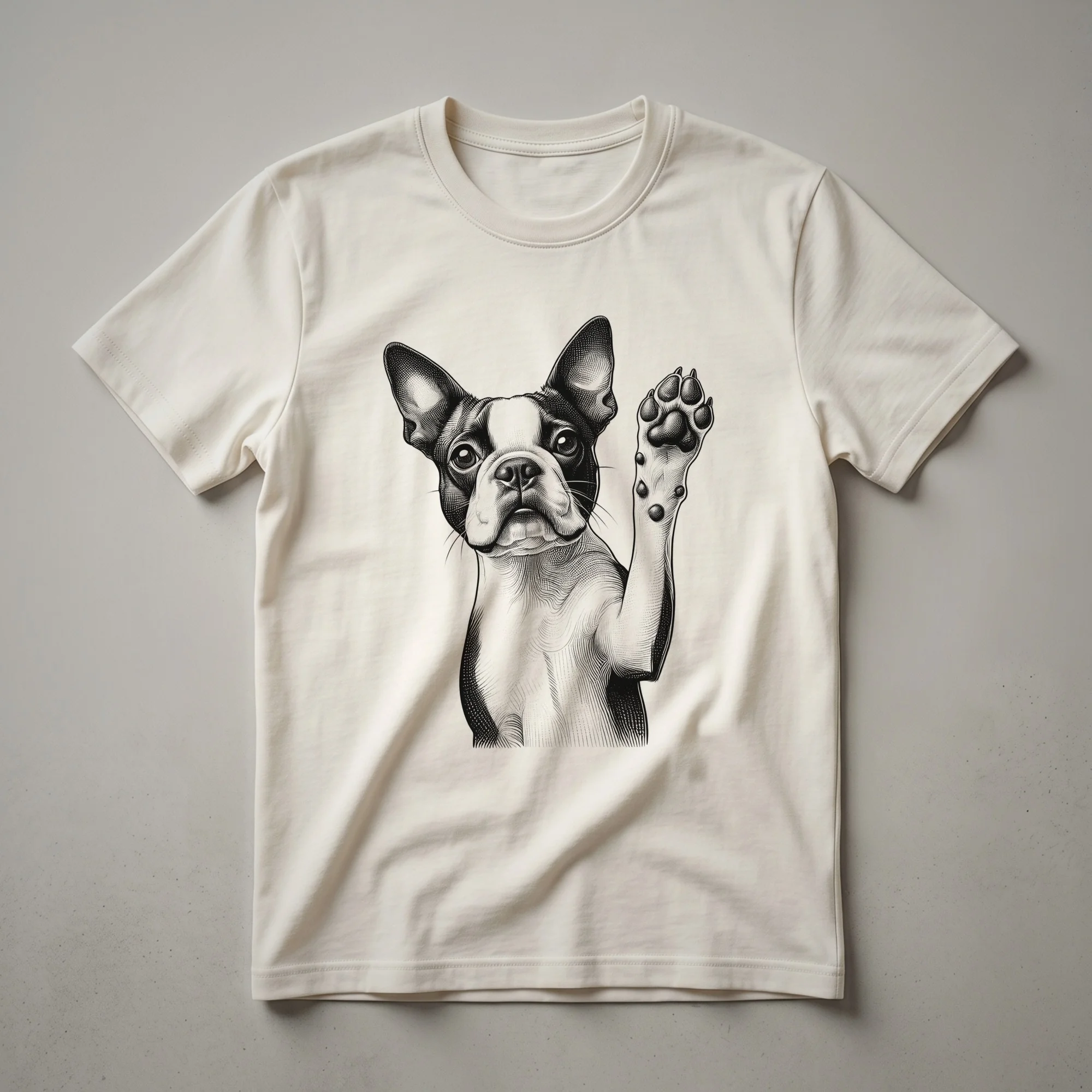 White graphic t-shirt featuring a black and white Boston Terrier dog with its front paw raised, against a plain background.