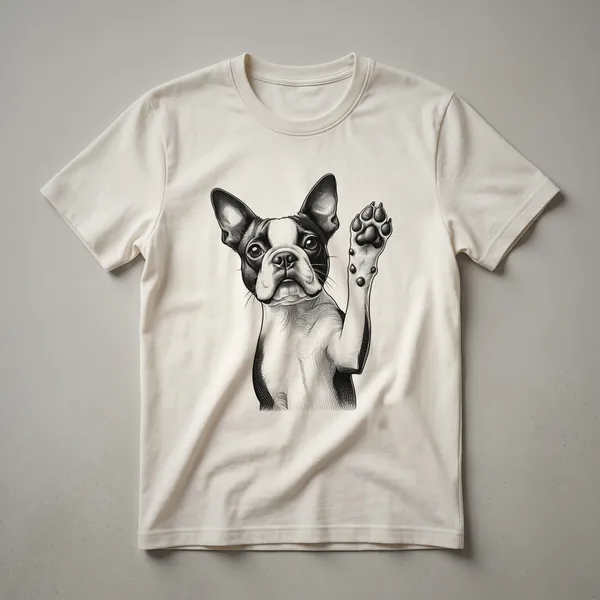 White graphic t-shirt featuring a black and white Boston Terrier dog with its front paw raised, against a plain background.