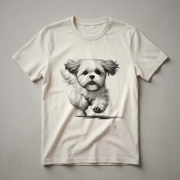 Black graphic t-shirt featuring a distressed illustration of a Shih Tzu dog in a running pose.
