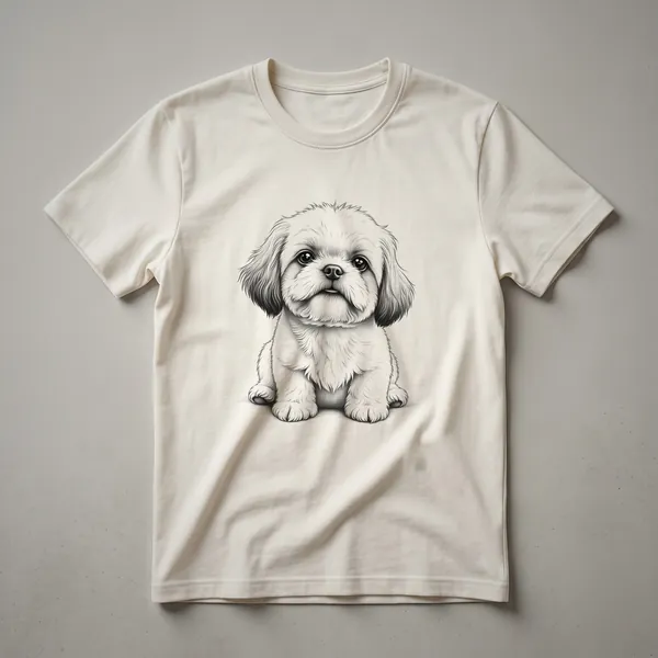 A graphic t-shirt design featuring a Shih Tzu dog surrounded by colorful floral elements, suitable for men and women dog owners.