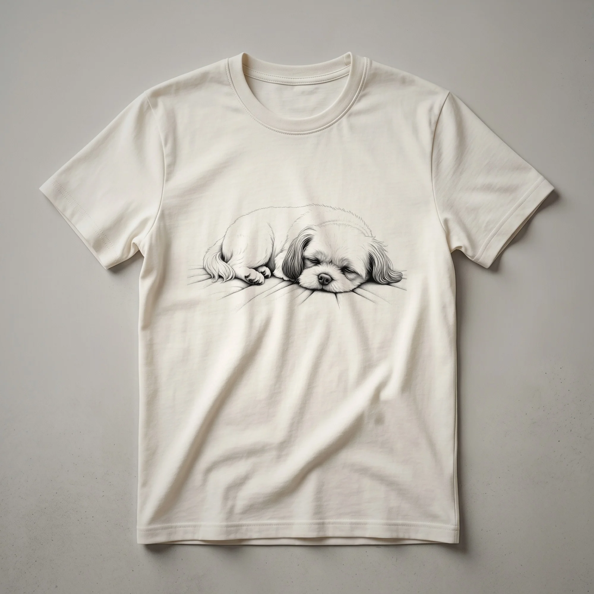 White line art of a sleeping Shih Tzu dog on a black t-shirt, showcasing a minimalist design.