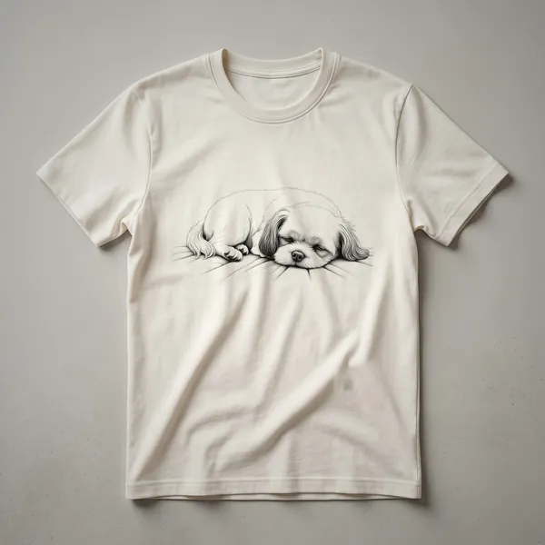 White line art of a sleeping Shih Tzu dog on a black t-shirt, showcasing a minimalist design.