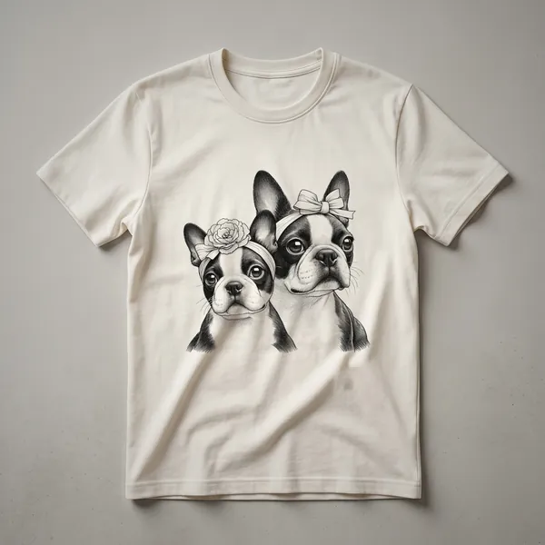 Black graphic t-shirt featuring a distressed illustration of a Boston Terrier dog's face.