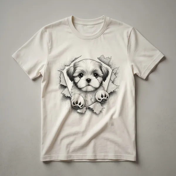 White t-shirt with a black graphic of a Shih Tzu dog peeking from the bottom edge.