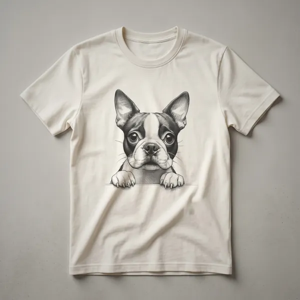 A white graphic t-shirt featuring a black and white Boston Terrier's head peeking from the bottom edge of the design.