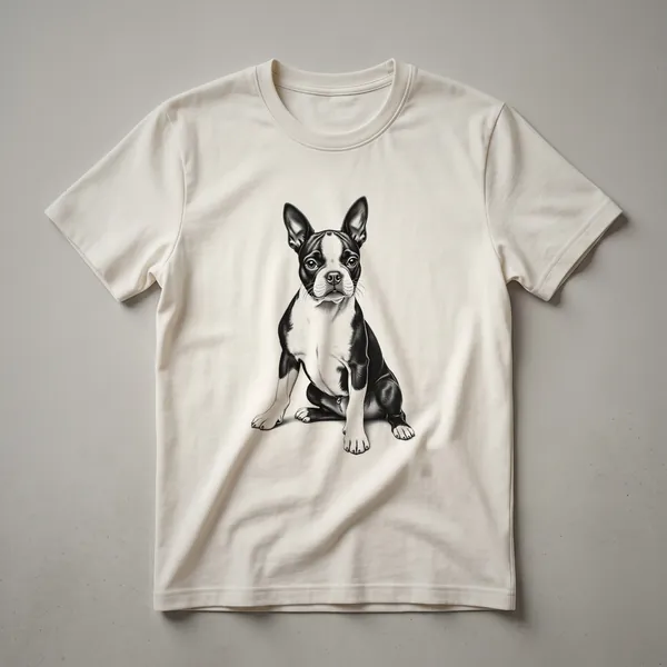 White graphic t-shirt featuring a distressed portrait of a Boston Terrier dog's head with black markings.