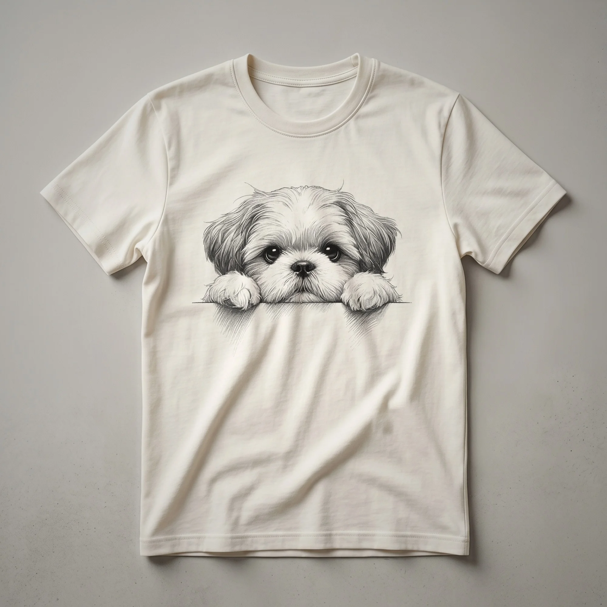 A white graphic t-shirt with a black print of a Shih Tzu dog peeking from the bottom edge, showing its face and front chest.