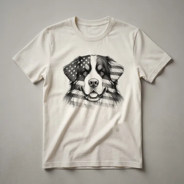 White t-shirt featuring a graphic of a Bernese Mountain Dog wearing sunglasses with an American flag pattern, designed for 4th of July celebrations.