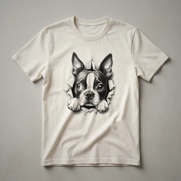 White t-shirt with a black and white cartoon Boston Terrier peeking from the bottom edge, showing its face and ears.