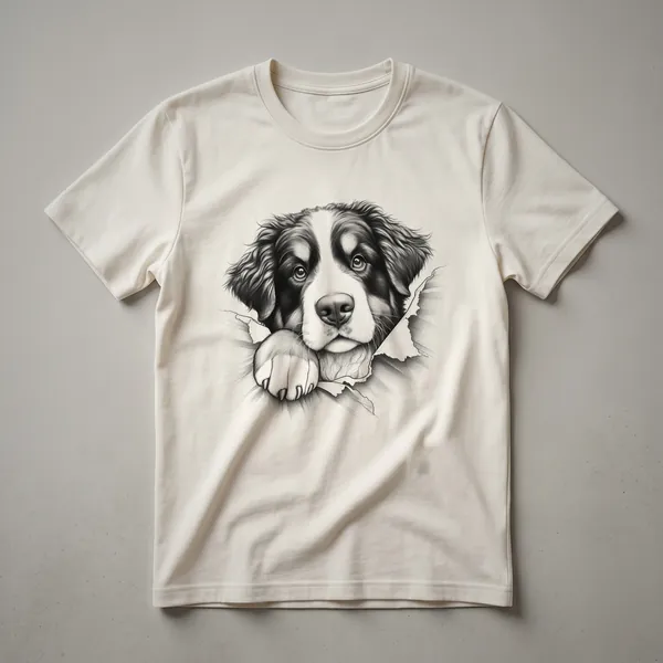 White graphic t-shirt featuring a cartoon Bernese Mountain Dog peeking from the bottom edge, with its head and front paws visible.