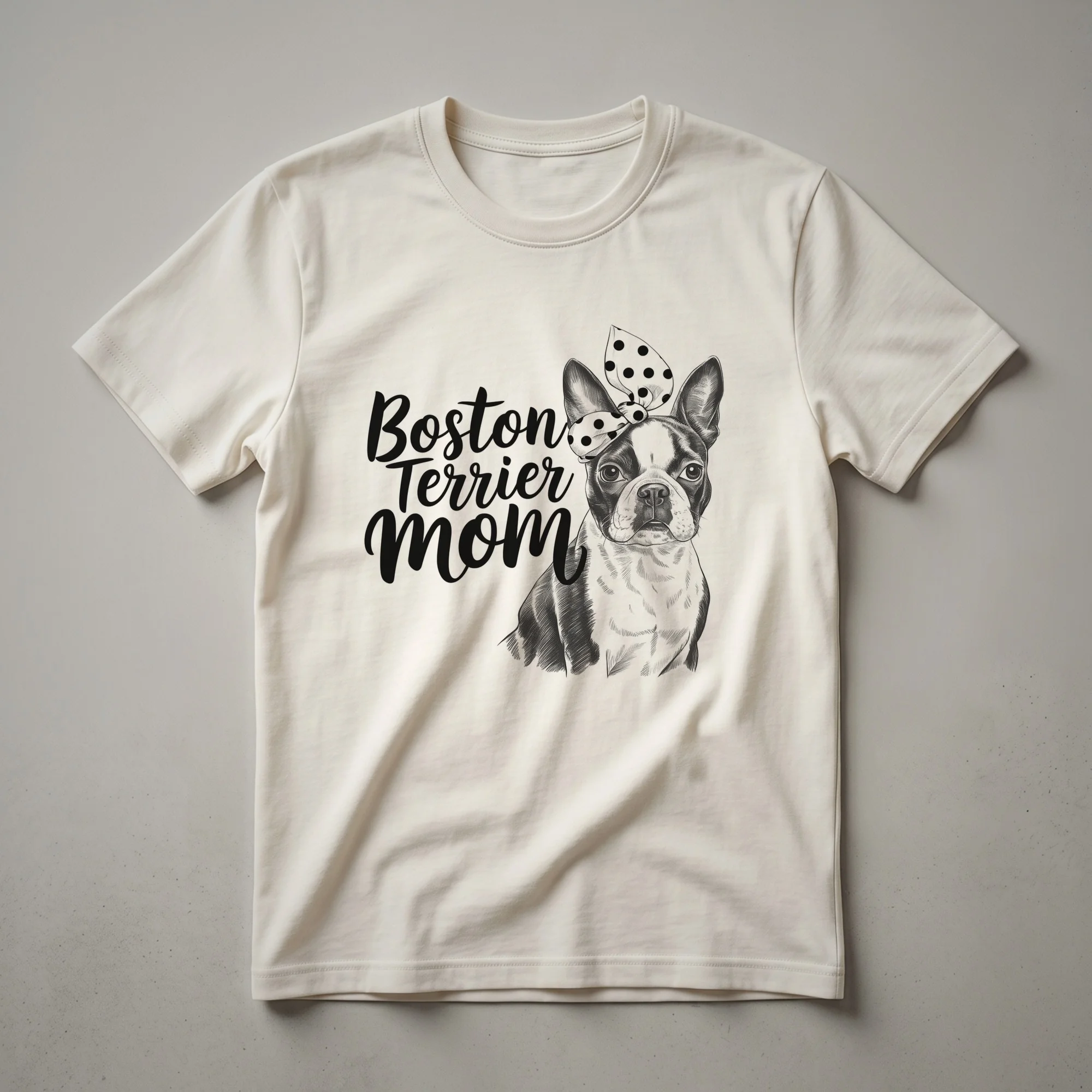 White graphic t-shirt featuring the face of a Boston Terrier dog with the words 'Bostie Mom' in black text.