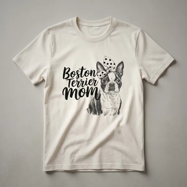 White graphic t-shirt featuring the face of a Boston Terrier dog with the words 'Bostie Mom' in black text.
