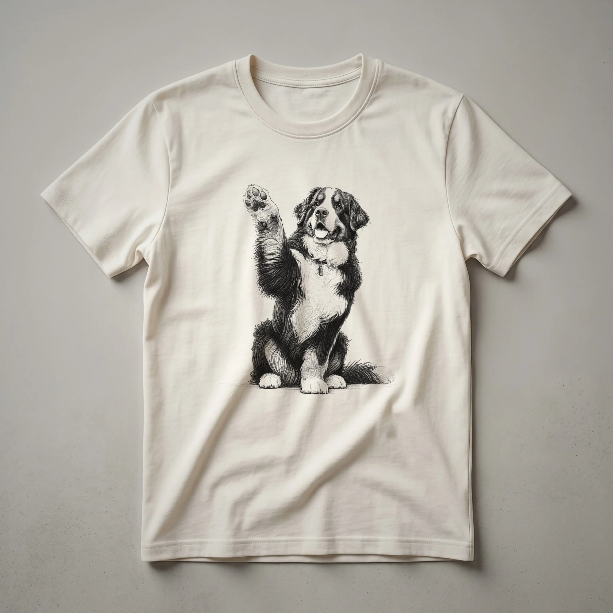 Black t-shirt with a white graphic design that reads 'Berner Raising' above a paw print, representing a Bernese Mountain Dog.