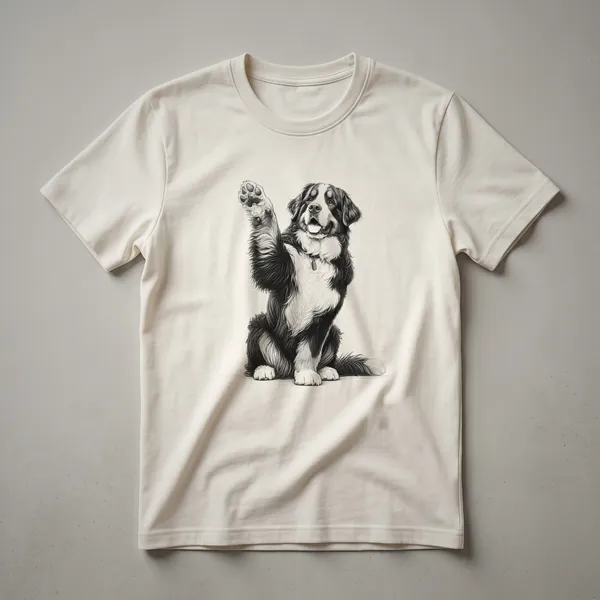 Black t-shirt with a white graphic design that reads 'Berner Raising' above a paw print, representing a Bernese Mountain Dog.