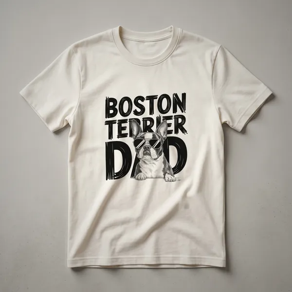 Black graphic t-shirt featuring a stylized Boston Terrier head with colorful floral accents, designed for men.