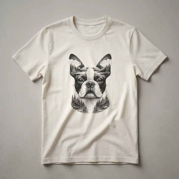 Black Boston Terrier silhouette against a mountain and tree landscape on a white t-shirt.