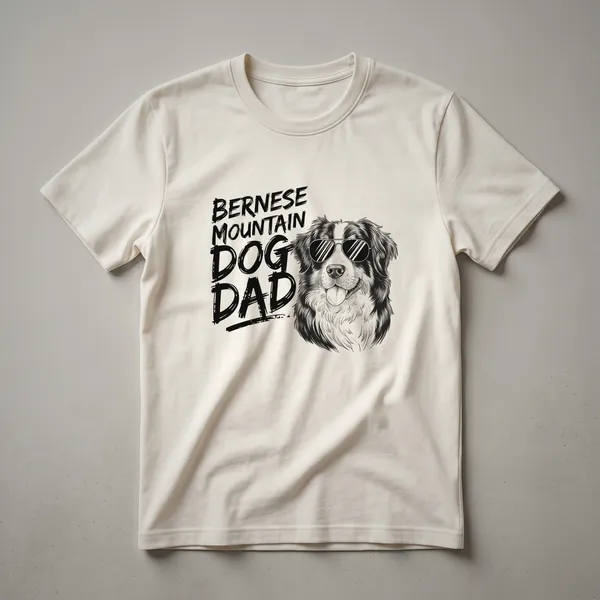 A graphic t-shirt design for men featuring a stylized Bernese Mountain Dog head surrounded by colorful floral elements, presented on a white background.