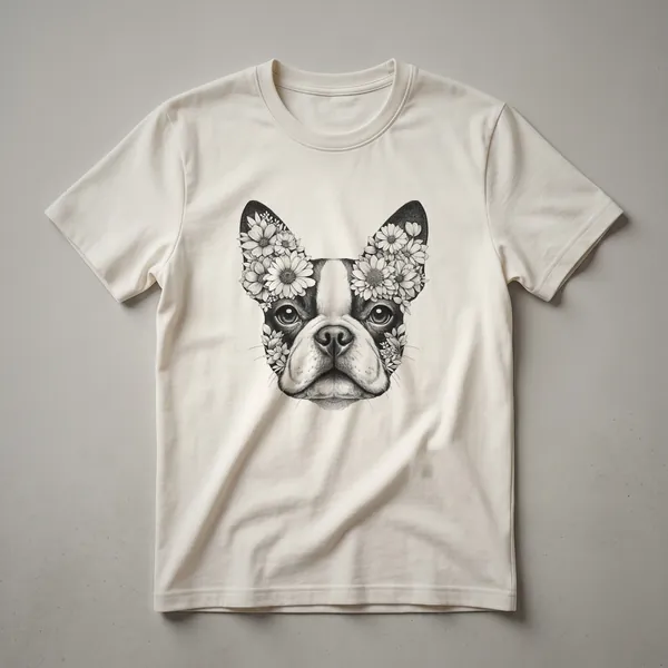 White graphic t-shirt featuring the face of a Boston Terrier with floral accents in pink, purple, and green.