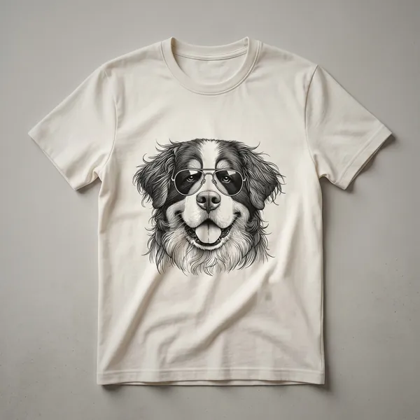 White graphic t-shirt featuring a Bernese Mountain Dog wearing dark sunglasses with a subtle patriotic element in the background.