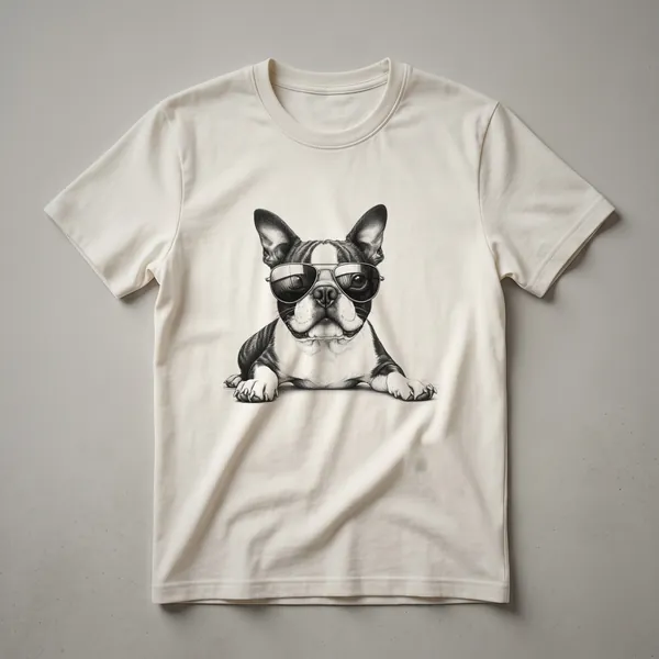 White graphic t-shirt featuring a Boston Terrier dog wearing dark sunglasses, with the text 'Cool Boston Terrier Dog Bostie Sunglasses Design Idea' visible.