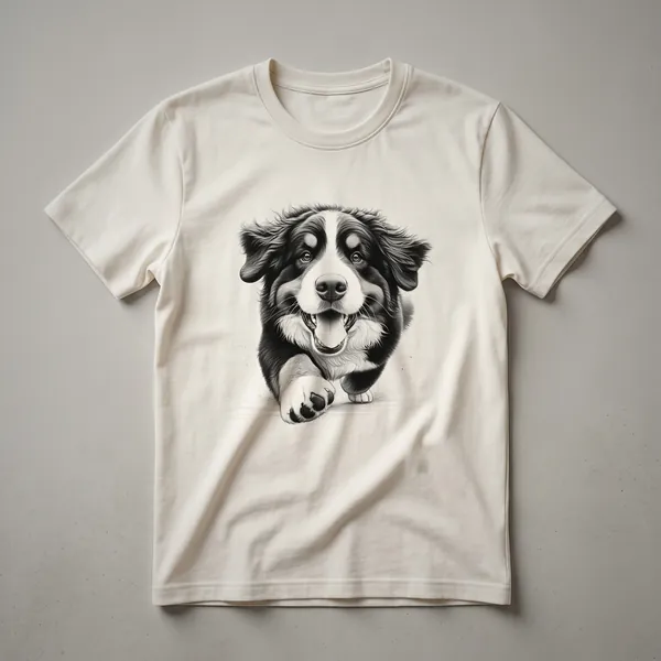 Black and white graphic t-shirt featuring a Bernese Mountain Dog running with its tongue out and ears flopping.