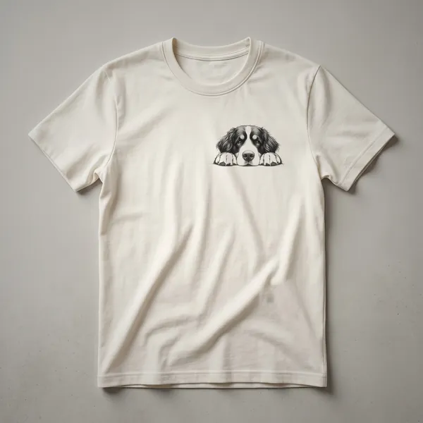 A white graphic t-shirt featuring a peeking Bernese Mountain Dog with its head and front paws visible.